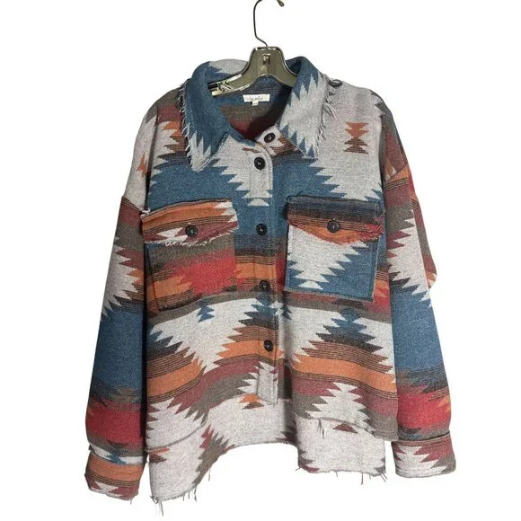 Southwestern Style Button-Down Cropped Jacket With Frayed Hem & Pockets - Picture 1 of 14